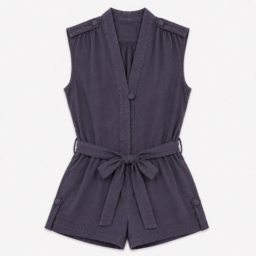 Pepe Jeans Womens Utility Romper Gray Blue V-Neck Belted Size M Minimalist